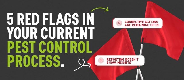 A graphic of 2 red flags with warning icons overlaying them and text which read "5 Red Flags In Your Current Pest Control Process" 