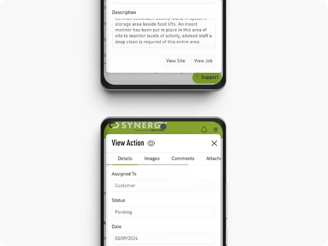 Two mobile phones showing the action section on our Synergy portal