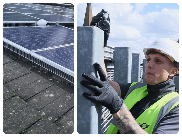 Two images side by side showing solar panels and a Contego employee installing a bird control solution