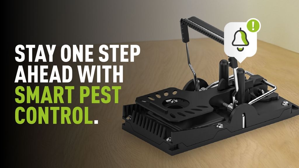Image of a smart trap with overlaying text which reads "stay one step ahead with smart pest control"