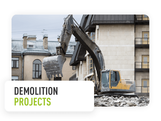 Image of demolition site with text block reading "demolition projects"