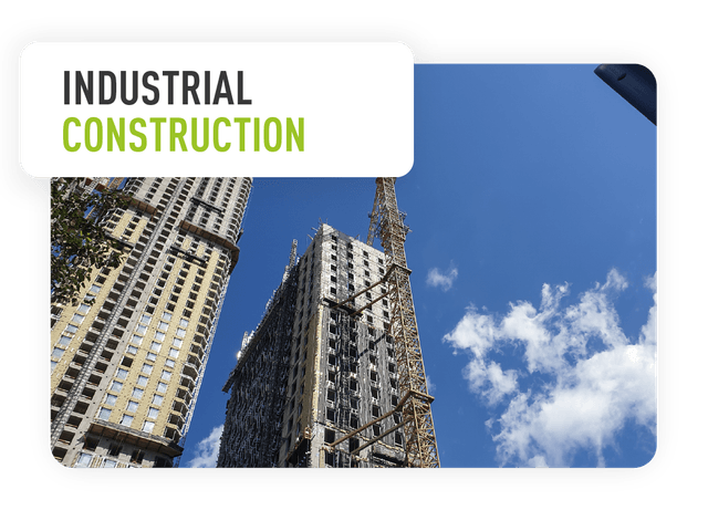 Image of skyscraper with text block reading "Industrial construction"