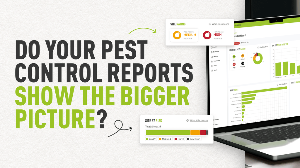 Graphic with the text “Do your pest control reports show the bigger picture?” alongside a laptop displaying a pest management dashboard with site ratings, charts, and risk reporting.