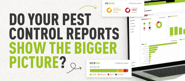 Graphic with the text “Do your pest control reports show the bigger picture?” alongside a laptop displaying a pest management dashboard with site ratings, charts, and risk reporting.