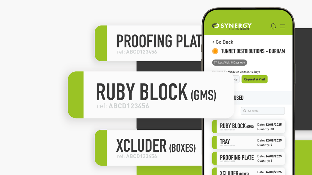 A decorative graphic of a chemical/product use log on a synergy portal with selected products pulled out and highlighted.