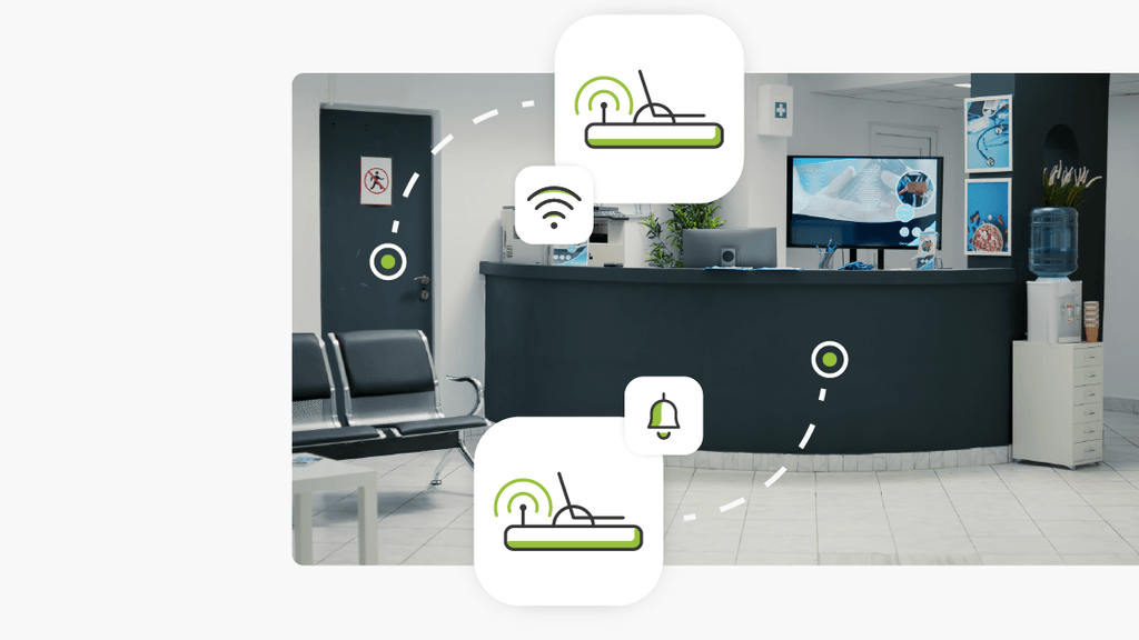 Image of a hospital waiting room with contego branded smart pest control icons over laying it