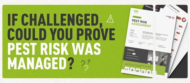 Decorative graphic of a pest report mockup and text which says "If challenged, could you prove pest control was managed"