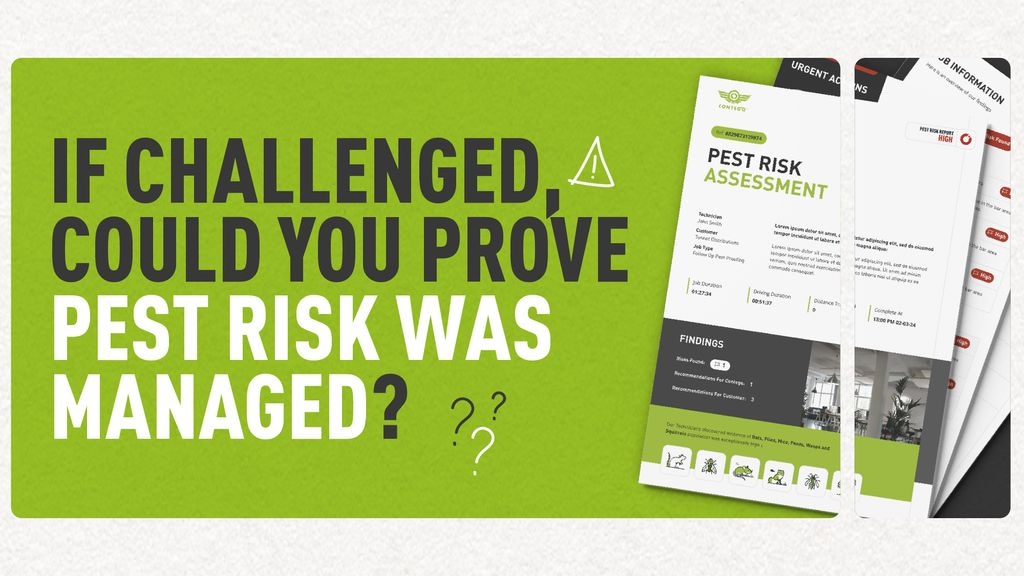 Decorative graphic of a pest report mockup and text which says "If challenged, could you prove pest control was managed"