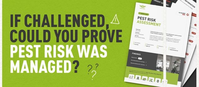 Decorative graphic of a pest report mockup and text which says "If challenged, could you prove pest control was managed"