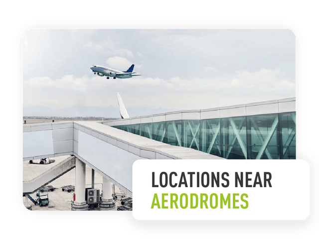 Image of an airport with text block reading "Locations near aerodromes"