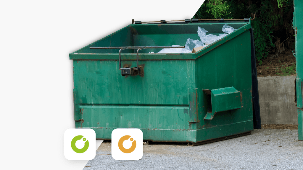 Decorative graphic of a waste dumpster with Contegos low and medium risk icons in the bottom left corner