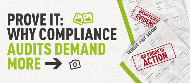 A mockup of generic pest reports with negative labels stamped on them and text which reads "Prove It: Why Compliance Audits Demand More"