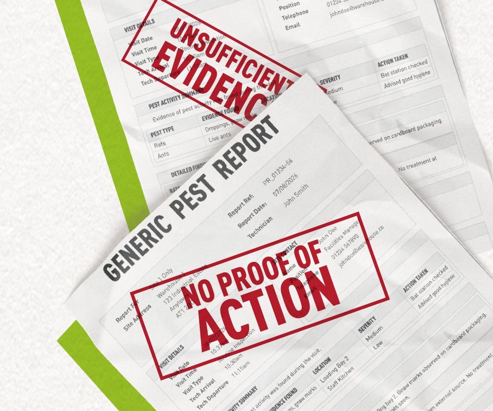 A mockup of generic pest reports with negative labels stamped on them