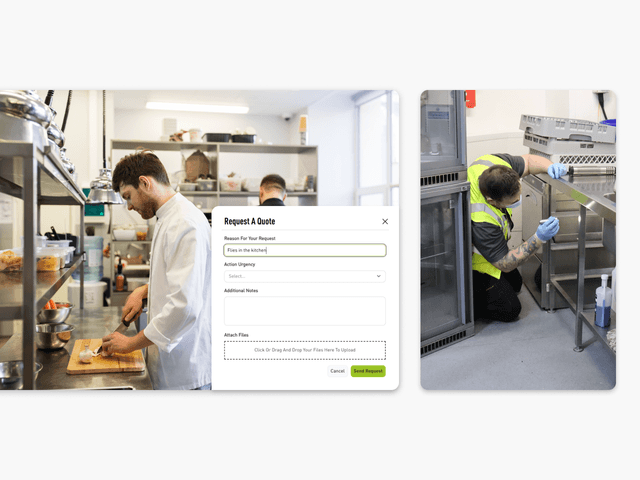 A chef working in a commercial kitchen on the left half, with a preview of the Synergy portal appointment booking feature on the top right corner, below is a Contego employee inspecting a commercial kitchen