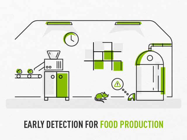 A illustration of a rodent and smart trap in a food production setting