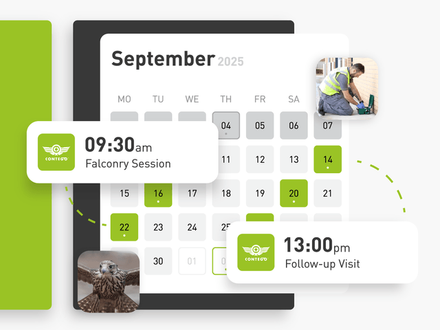 A decorative graphic of a calendar displaying a busy schedule of appointments with selected appointments enlarged to display more details.
