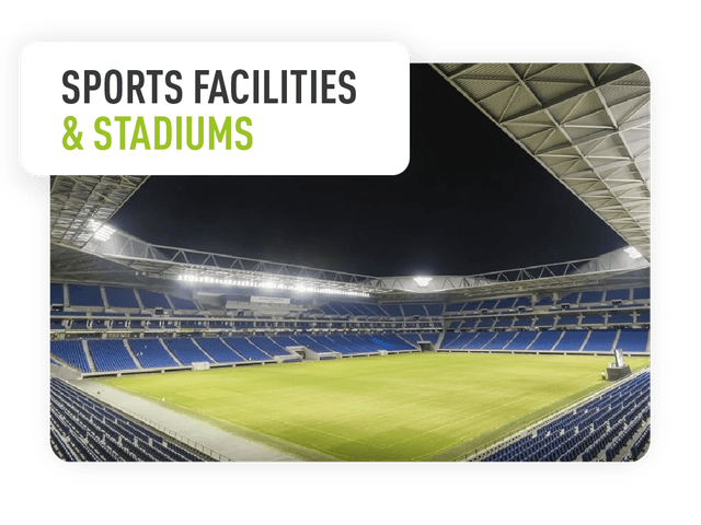 Image of stadium with text block reading "Sports facilities & stadiums"
