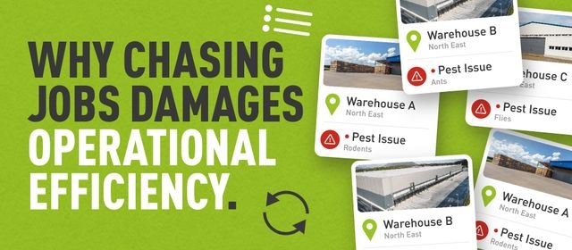 Graphic with decorative cards displaying pest issues at different sites, and text which reads "Why chasing jobs damages operational efficiency"