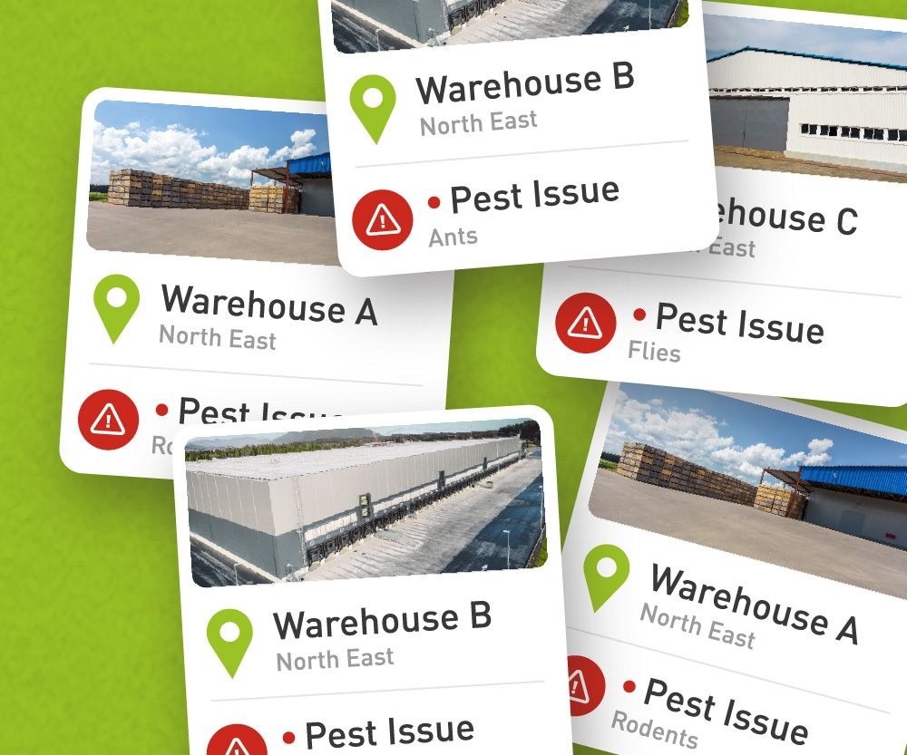 Graphic with decorative cards displaying pest issues at different sites
