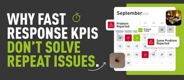 Decorative graphic of a september 2026 calendar which has dates marked with 'reports' & fixes - and text on the left which reads "why fast response KPIs don't solve repeat issues"