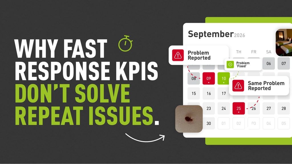 Decorative graphic of a september 2026 calendar which has dates marked with 'reports' & fixes - and text on the left which reads "why fast response KPIs don't solve repeat issues"