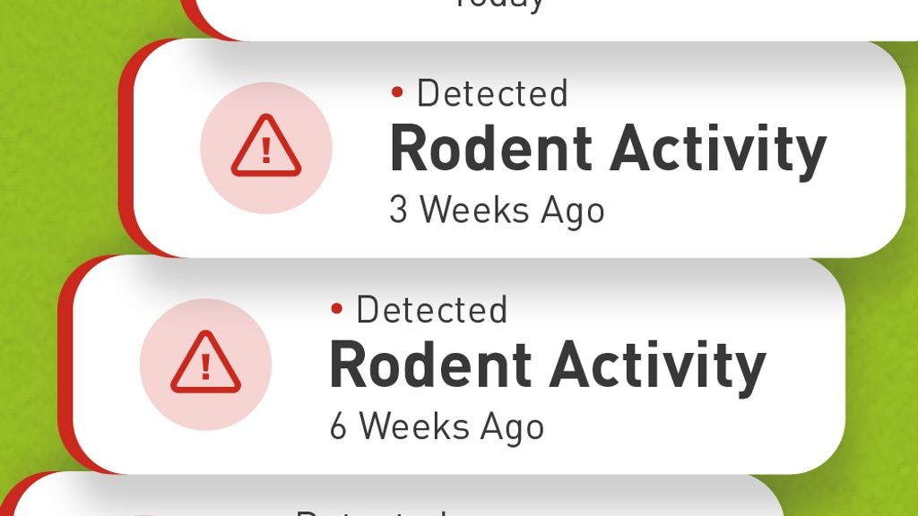 Graphic with  a series of recurring rodent activity alerts, illustrating repeated issues detected over several weeks.