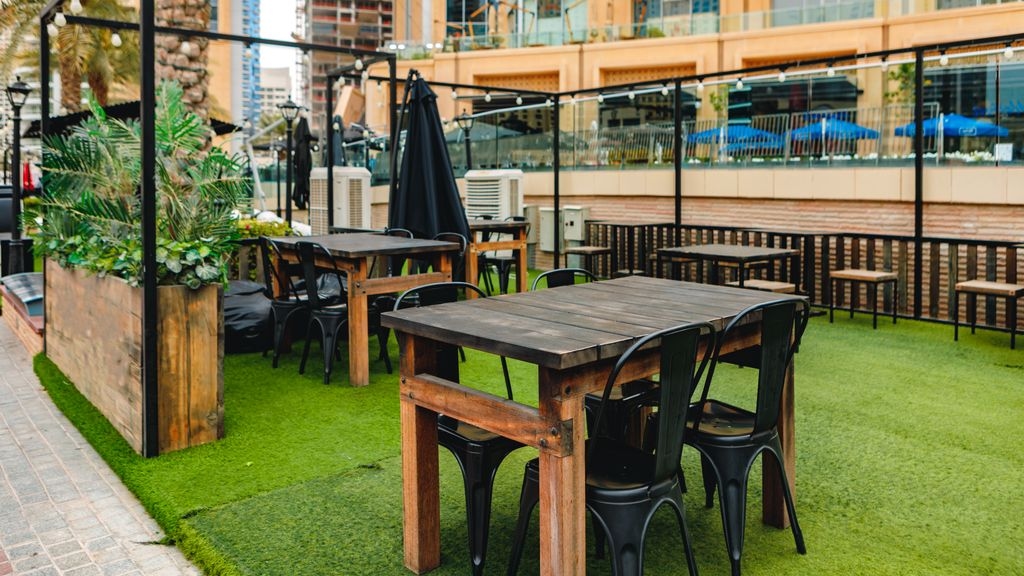 Photograph of an empty outdoor dining area