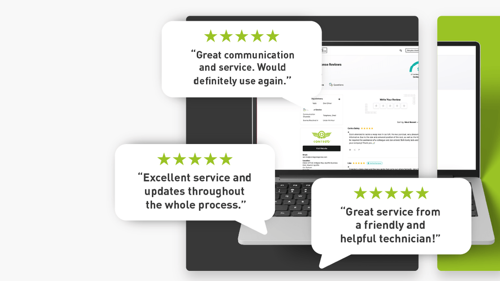 A decorative graphic of a laptop displaying Contego's reviews.io page, with some large floating reviews over the top.