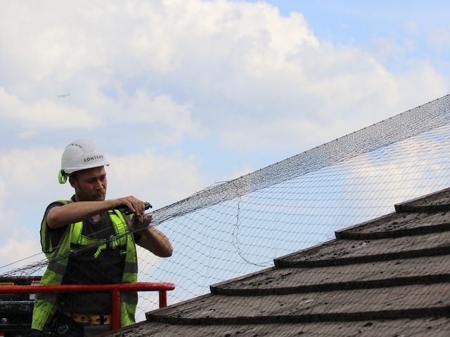 A technician installing netting for bird control