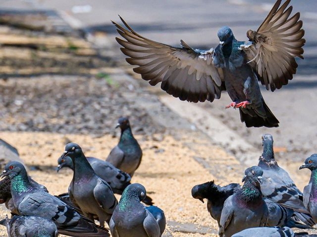 A pigeon flying into a group of pigeons on a street