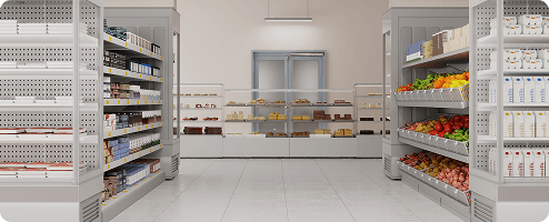 Retail units stocked with items in a supermarket