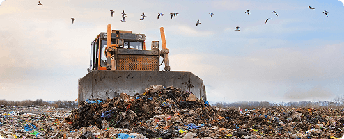 A bulldozer plowing through waste in a landfill with birds overhead