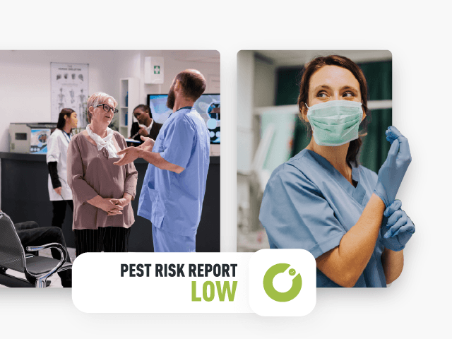 Image of two halves, on the left is a hospital waiting room with a member of the public speaking to a male nurse, on the right is a female nurse pulling a blue rubber glove onto her hand. On the bottom is a contego branded 'Low Risk Rating' vector graphic