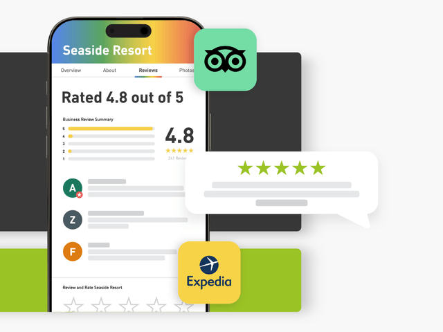 A decorative graphic of a sample review screen featuring Expedia and Trustpilot icons.
