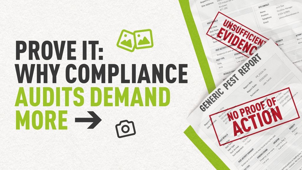A mockup of generic pest reports with negative labels stamped on them and text which reads "Prove It: Why Compliance Audits Demand More"