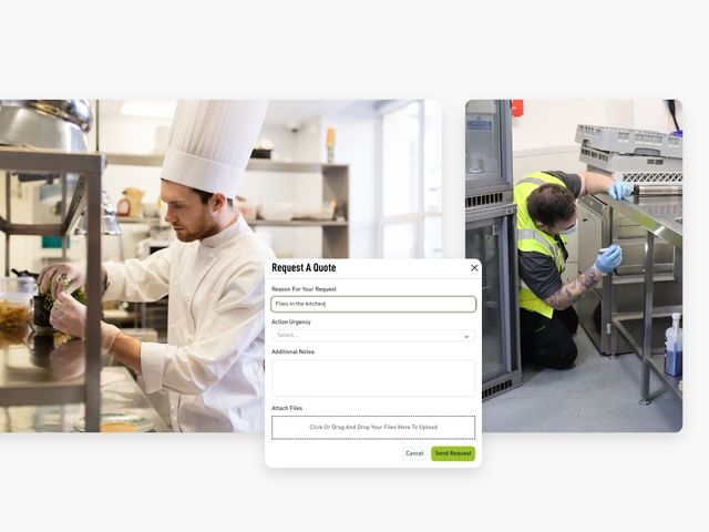 A chef working in a commercial kitchen on the left half, with a preview of the Synergy portal appointment booking feature on the top right corner, below is a Contego employee inspecting a commercial kitchen