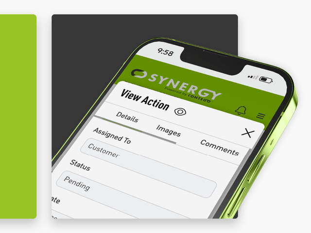 Decorative image of an iphone with a synergy actions page on the screen.