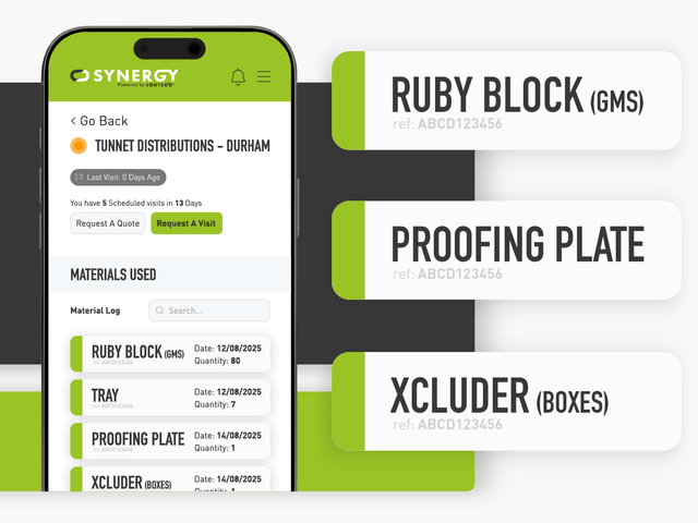 Decorative graphic of a phone with a Synergy material log on the screen with selected materials pulled out of the phone to be displayed larger