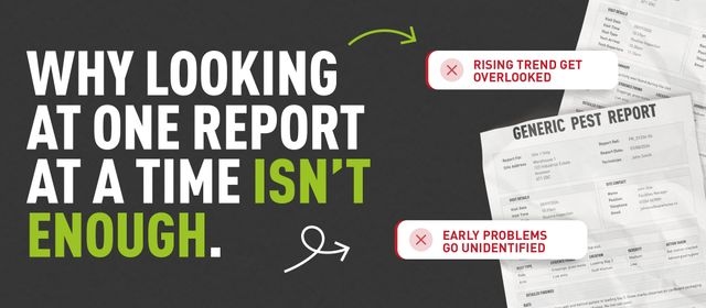 Graphic with the text “Why looking at one report at a time isn’t enough.” alongside generic pest reports, highlighting how rising trends can be overlooked and early problems can go unidentified.